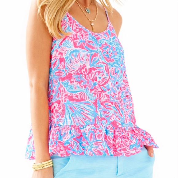 Lilly Pulitzer Tops - Lilly Pulitzer Peplum Tank Top M | Pink Sun Ray Summer Siren | Ruffle Hem